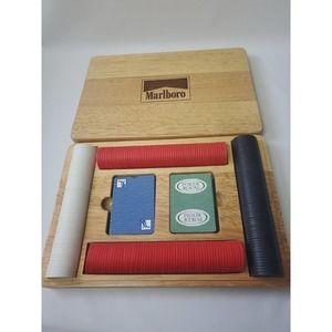 Marlboro Poker Chip Set 2 Card Decks & Chips Wood Oak Case Vintage Promo
